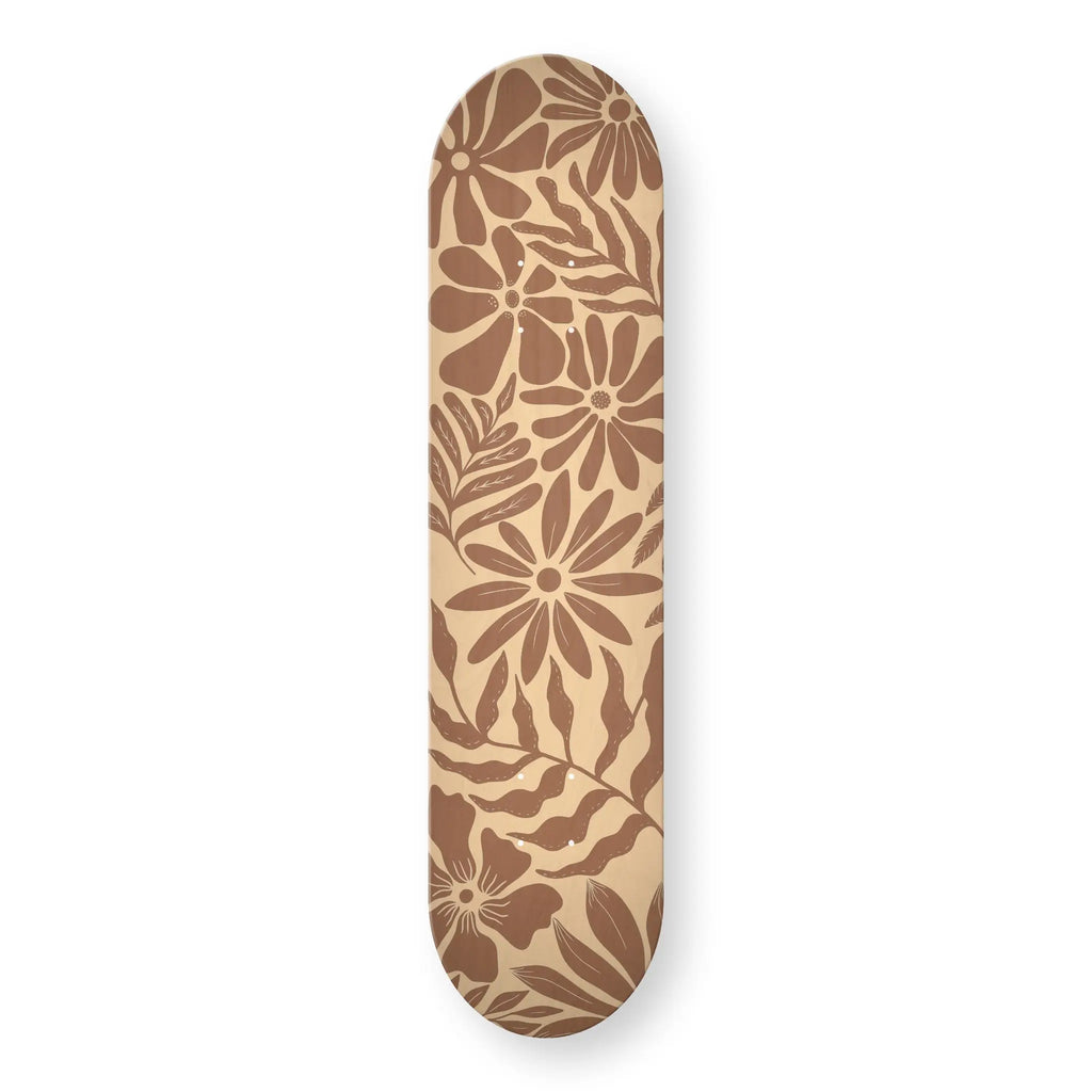 Flower Field engraved skateboard deck in natural wood